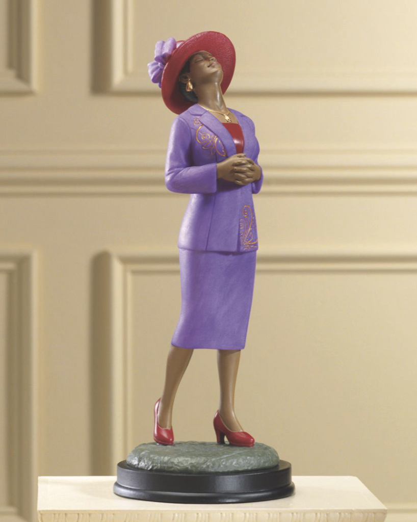Wearing her church-going best, this devout woman lifts her face to heaven in praise and prayer. 