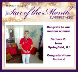 Midnight Velvet's Star of the Month Sweepstakes winner: Barbara C. from Springfield, IL, a woman in a red top and white pant.