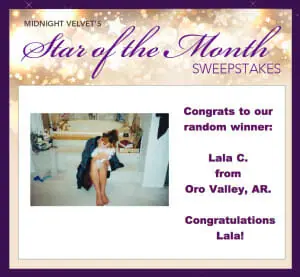 Midnight Velvet's Star of the Month Sweepstakes winner: Lala C. from Oro Valley, AR, a woman in a silky robe, holding a cat.