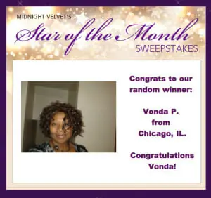 Midnight Velvet's Star of the Month Sweepstakes winner: Vonda P. from Chicago, IL, a smiling black woman with curly hair.