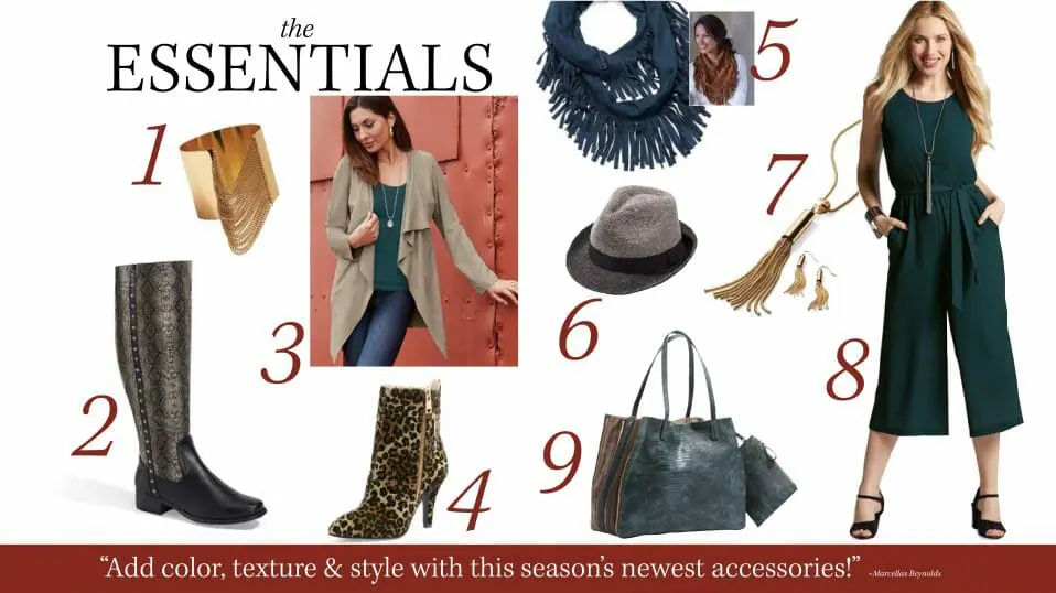 A mix of product from boots to handbags include jewelry and scarfs that are this seasons essentails