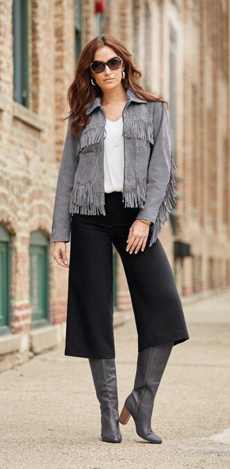Fringe Leather Jacket and Sailor Gauchos