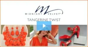 Midnight Velvet Tangerine Twist, Video of an orange necklace and earring set, a woman in an orange top, and orange shoes.