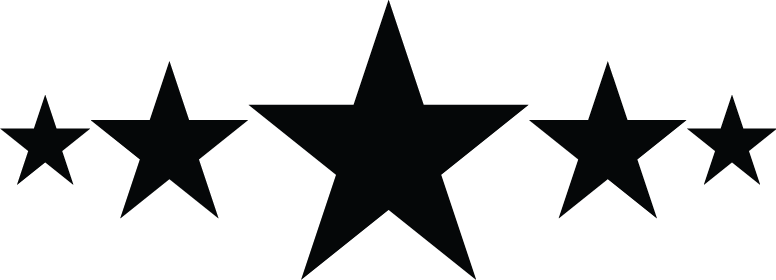 Three sizes of five black stars arranged straight across, with a gray background.