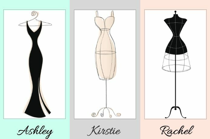 Three line drawings of two mannequin dress forms and a gown on a hanger, labeled Ashley, Kirstie, and Rachel.