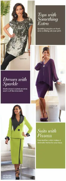 Tops with Something Extra, Dresses with Sparkle, Suits with Pizzazz, Three women in a tunic, a purple dress, or a green suit.