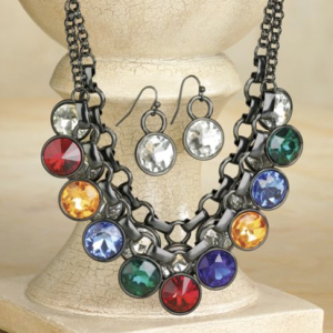 Try an eclectic piece of colorful jewelry with eye-catching crystals.