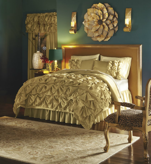 Turn up the romantic allure in your bedroom retreat by layering exquisite fabrics in romantic shades of warm gold. 