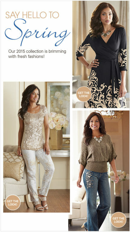 Say Hello To Spring- Three women wearing different outfits: a black dress, beige sequin top and pant, ecru top and jeans.