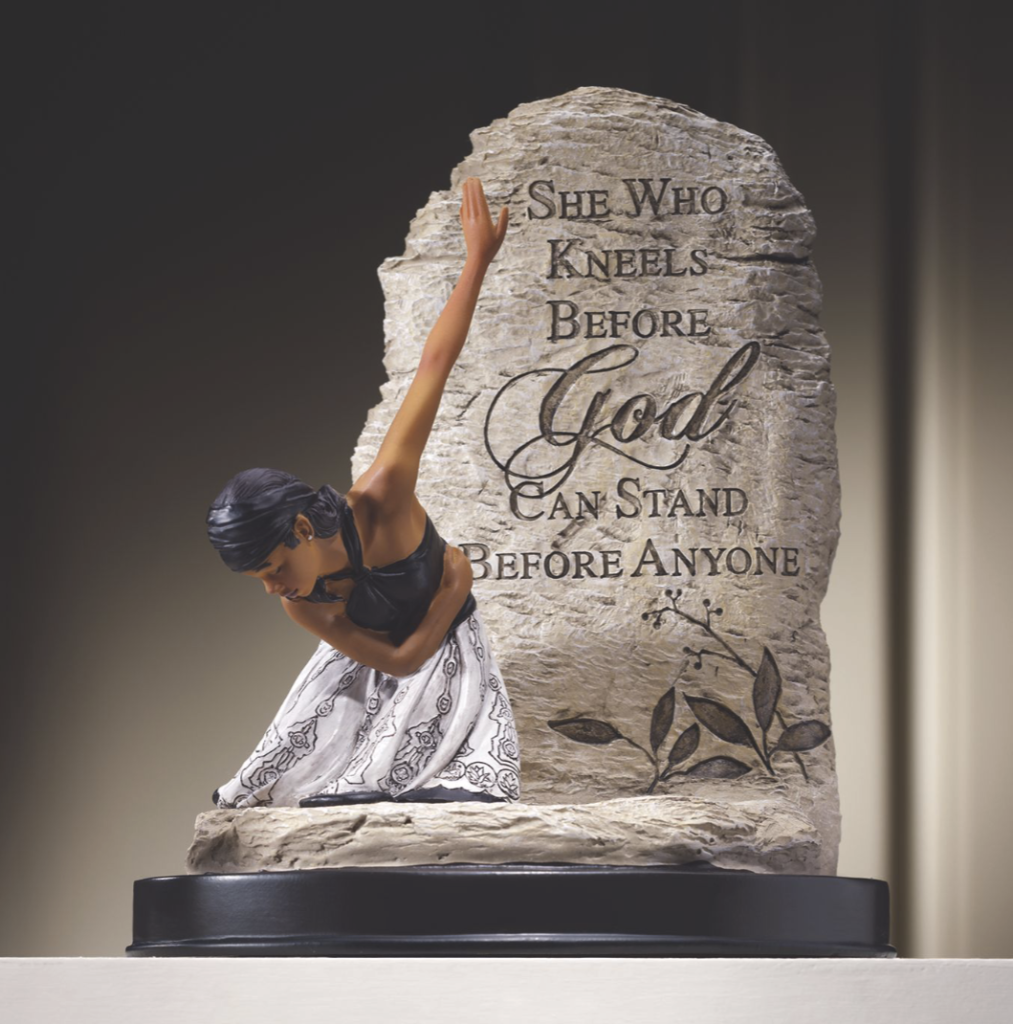 A beautiful gift for a woman of faith or a reminder for yourself, this inspiring figurine speaks to the power of prayer and trust in God. The inscription reads, "She who kneels before God can stand before anyone." 