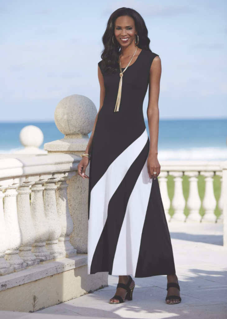 Side Swipe Dress. This sleek column of a dress gets a bold bit of contrast from two wide swipes of white.