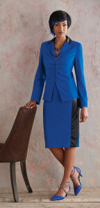 blue suit with black striped pencil skirt