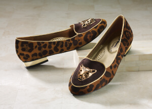 penny loafer flats with a shimmer of gold tone leopard face 
