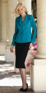 blue suit top and black skirt, bold peplum look 