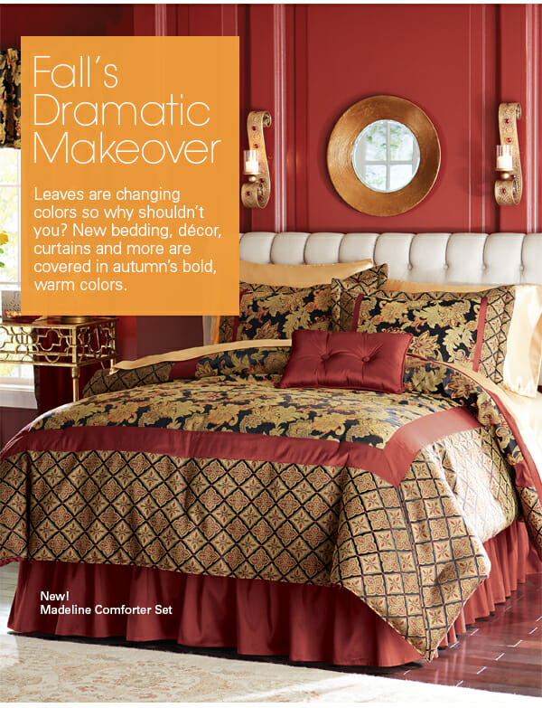 New Home Arrivals represented with a bedroom scenes with fall colored bedding and decor