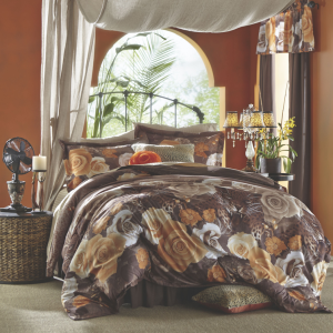 bedroom comforter in dark, brown tones