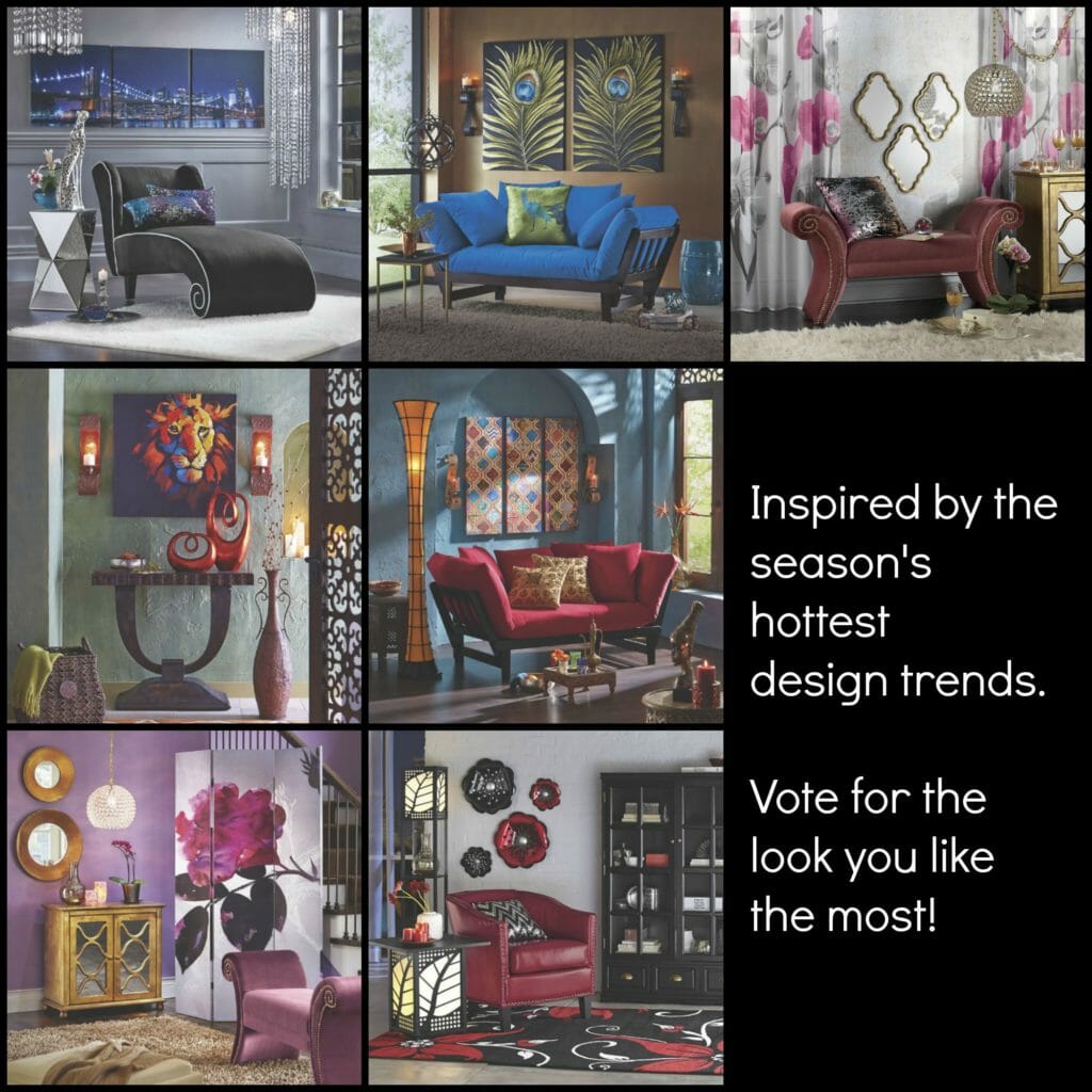 Inspired by the season's hottest design trends. Vote for the look you like the most!, seven different room settings.