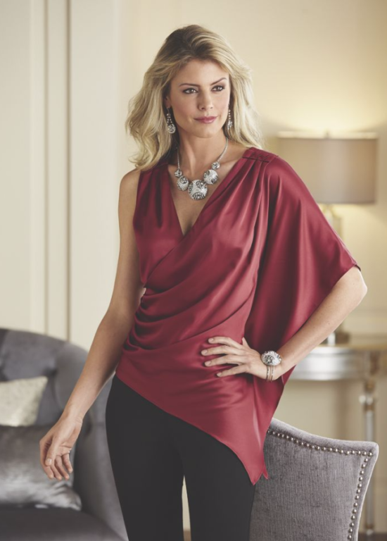 woman wearing a red hot top