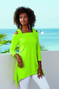 woman wearing a lime colored tunic