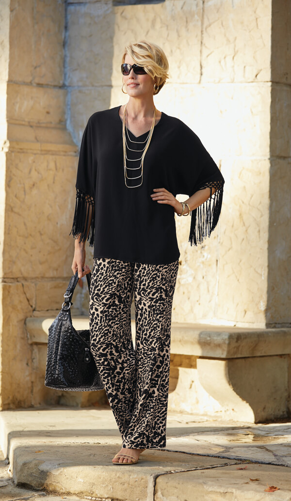 Fringe Sleeve Top and Wide Leg Animal Pant