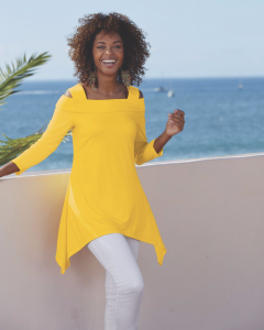 woman wearing a bright yellow colored tunic