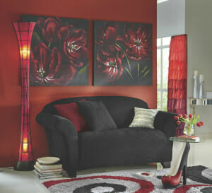 a room decorated with red accents