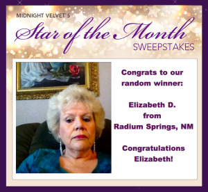 Midnight Velvet's Star of the Month Sweepstakes winner: Elizabeth D. from Radium Springs, NM, a silver-haired woman in blue.