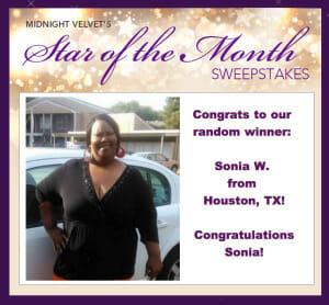 Midnight Velvet's Star of the Month Sweepstakes winner: Sonia W. from Houston, TX, a black woman in a black V-neck top.