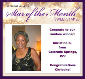 Midnight Velvet's Star of the Month Sweepstakes winner: Christine S. from Colorado Springs, CO, a smiling black woman.