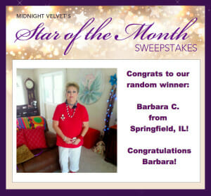 Midnight Velvet's Star of the Month Sweepstakes winner: Barbara C. from Springfield, IL, a woman in a red top and white pant.
