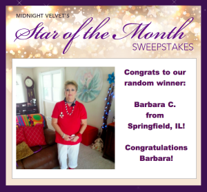Midnight Velvet's Star of the Month Sweepstakes winner: Barbara C. from Springfield, IL, a woman in a red top and white pant.