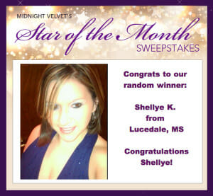 Midnight Velvet's Star of the Month Sweepstakes winner: Shellye K. from Lucedale, MS, a woman in a sparkly blue top.