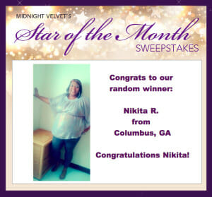 Midnight Velvet's Star of the Month Sweepstakes winner: Nikita R. from Columbus, GA, a black woman in shimmer top and jeans.