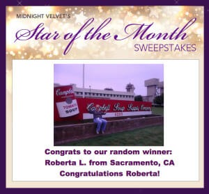 Midnight Velvet's Star of the Month Sweepstakes winner: Roberta L. from Sacramento, CA, a woman in a navy top and jeans.