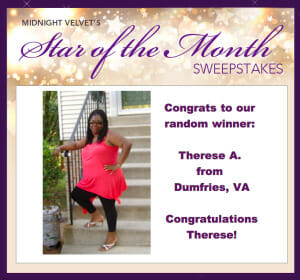 Midnight Velvet's Star of the Month Sweepstakes winner: Therese A. from Dumfries, VA, a black woman in a coral tunic.