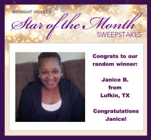 Midnight Velvet's Star of the Month Sweepstakes winner: Janice B. from Lufkin, TX, a smiling black woman in a black hoodie.