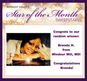 Midnight Velvet's Star of the Month Sweepstakes winner: Brenda H. from Windsor Mill, MD, a smiling black woman in glasses.