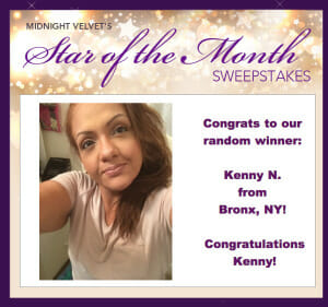 Midnight Velvet's Star of the Month Sweepstakes winner: Kenny N. from Bronx, NY, a smiling woman in a blush T-shirt.
