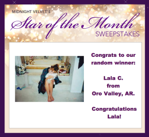 Midnight Velvet's Star of the Month Sweepstakes winner: Lala C. from Oro Valley, AR, a woman in a silky robe, holding a cat.