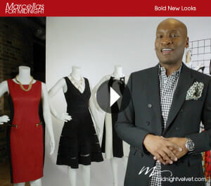Marcellas For Midnight, A video about a black designer man in a suit jacket, next to three mannequins in dresses.