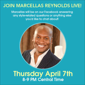 Join Marcellas Reynolds Live!, A smiling designer black man in a suit, with the date and time for a Facebook chat.