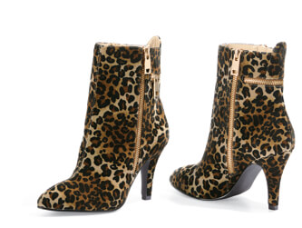 Claudia Leopard heeled bootie with gold zipper on side and decorative gold zipper in back by Bellini