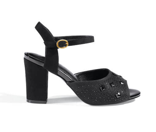 Black chunky heel sandal with black beads on the front band