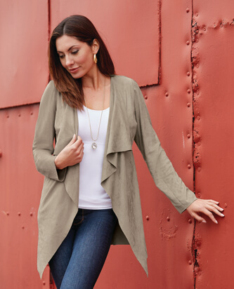 Model wearing a Taupe Faux Suede Jacket