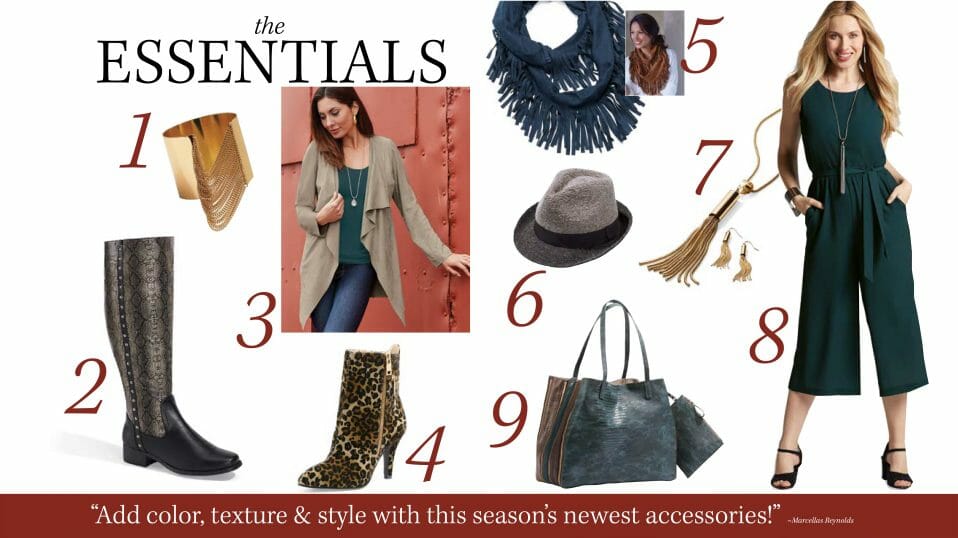 A mix of product from boots to handbags include jewelry and scarfs that are this seasons essentails