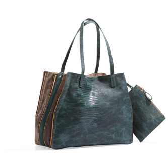 Teal reptile pattern zipper tote on the front side and brown pebble finish on the back