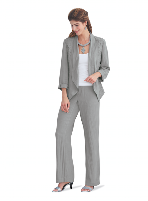 Lace/Linen-Look Jacket and Pant Suit Set