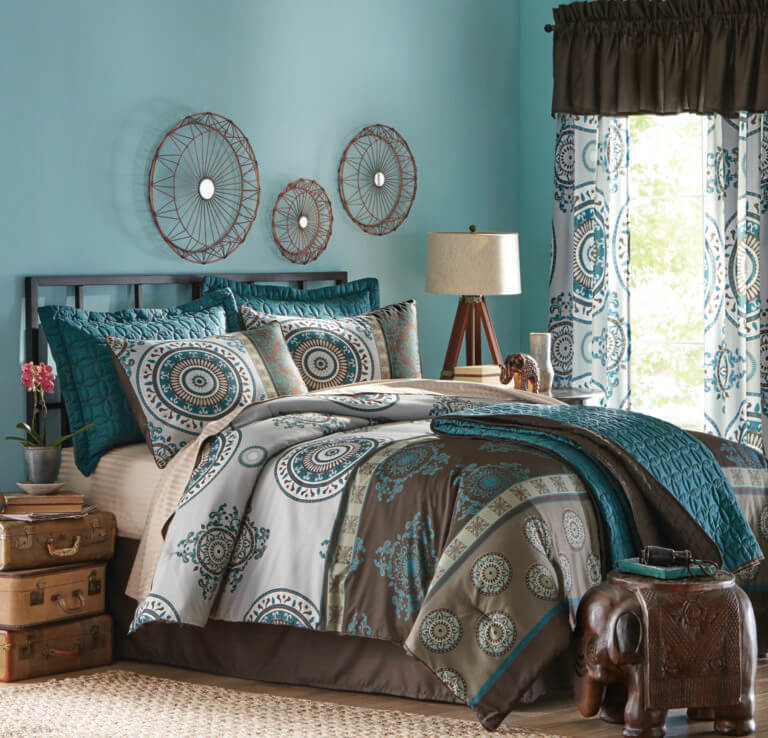 Blue works in every room in the house espeically the bedroom with this comforter set in shades of blue and brown medallion bedding Blue works in every room in the house.