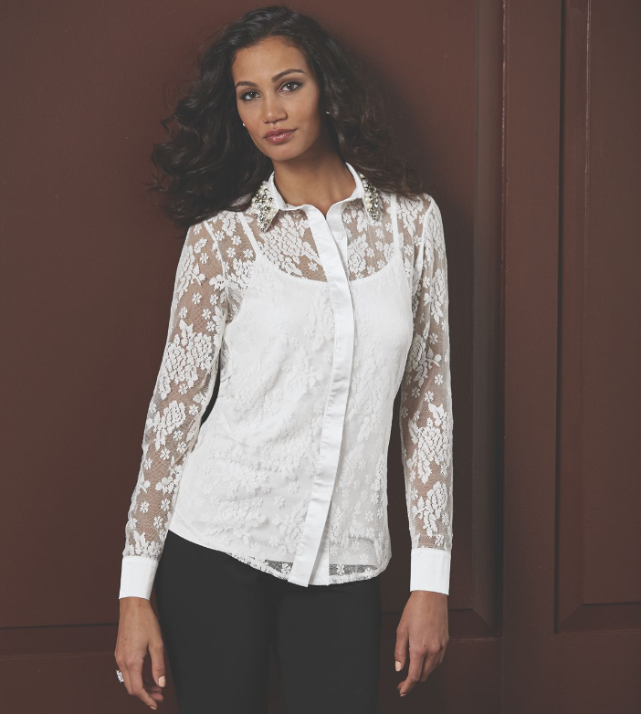 Faux Pearl Collar Lace Top