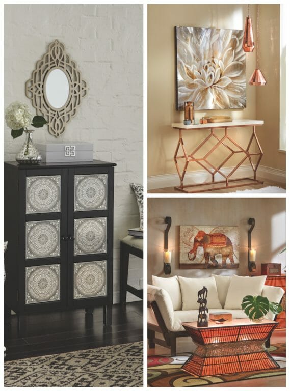 A black and silver cupboard with a wall mirror, a copper console with a large floral canvas, and an Afrocentric living room.